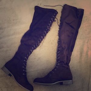 Thigh high suede brown boots